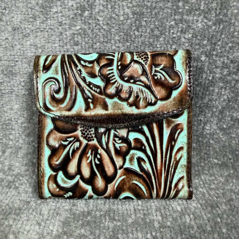 Patricia Nash Reiti Bifold Wallet Turqoise Tooled Leather Floral